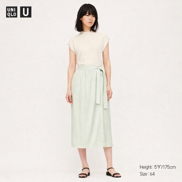 Uniqlo U Mint Green Wrap Midi Skirt Rayon Blend Tie Size 10 - Picture 9 of 10